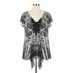 Dressbarn Shirt Blouse XL Sheer Overlay Embellished Black White Floral Y2K Fairy